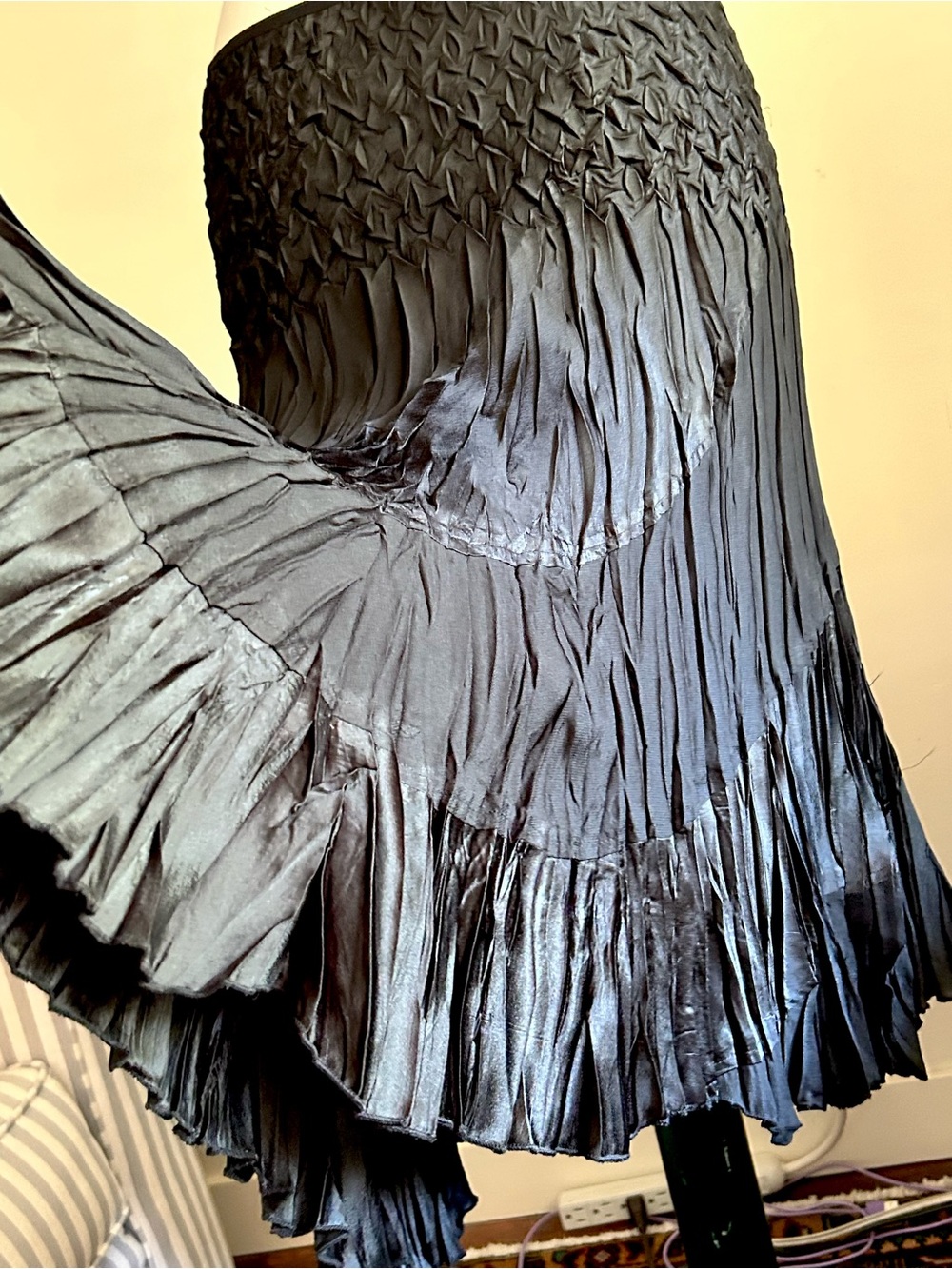 Vintage Cache Black Textural Pleating and Crinkle-y Skirt